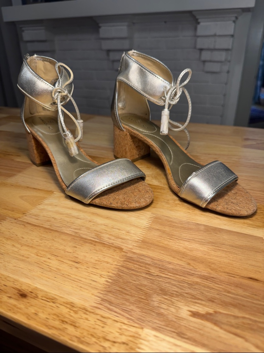 Bandolino Gold Metallic Cork Block Heel Sandals with Ankle Tie - Size 9